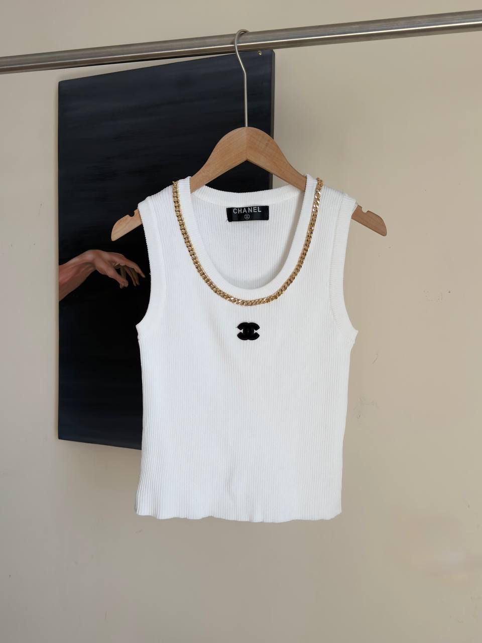 CHANEL CC Logo Cotton Silk Sleeveless Ribbed Tank - Image 2