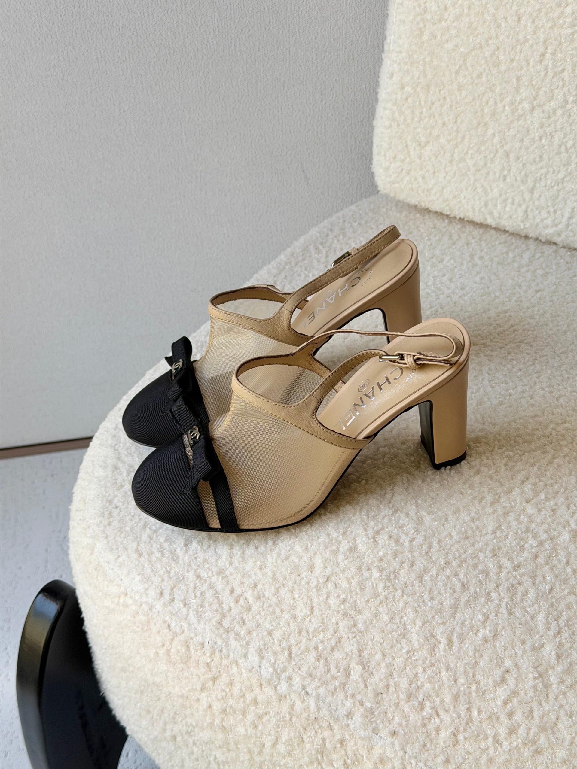 Chanel Heeled Slingbacks in Mesh and Grosgrain