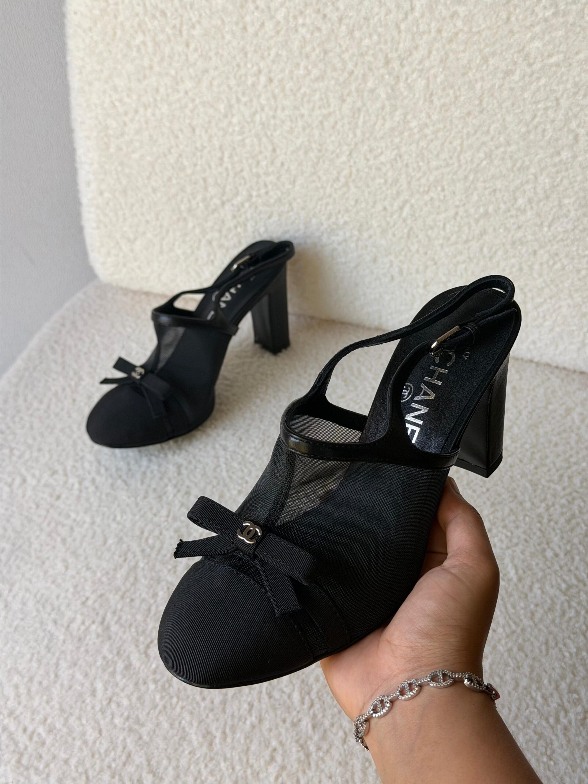 Chanel Heeled Slingbacks in Mesh and Grosgrain - Image 10
