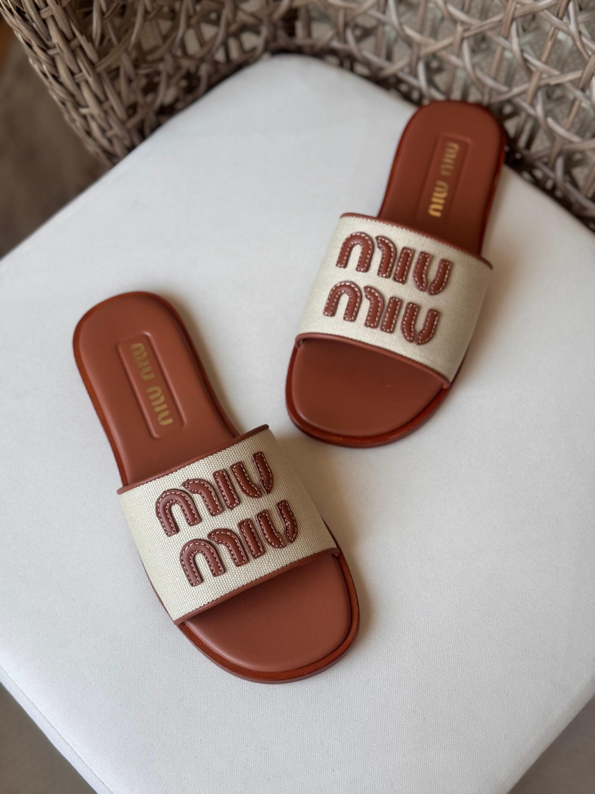 Miu Miu Canvas and leather slide sandals - Image 6