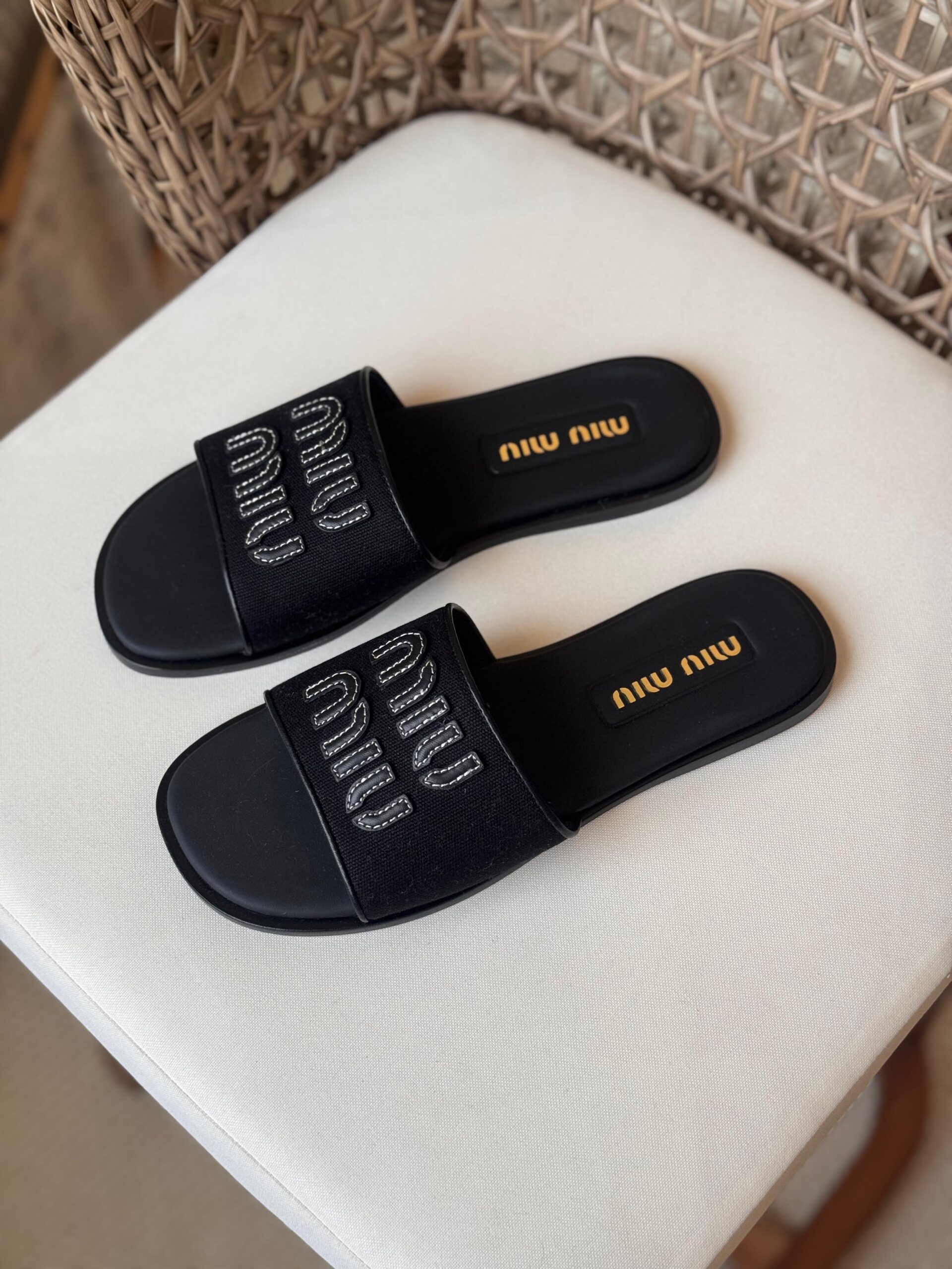 Miu Miu Canvas and leather slide sandals - Image 5